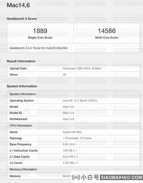 苹果M2 Max芯片Geekbench跑分曝光-小白号